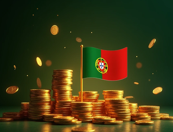 Moedas de ouro e bandeira de Portugal